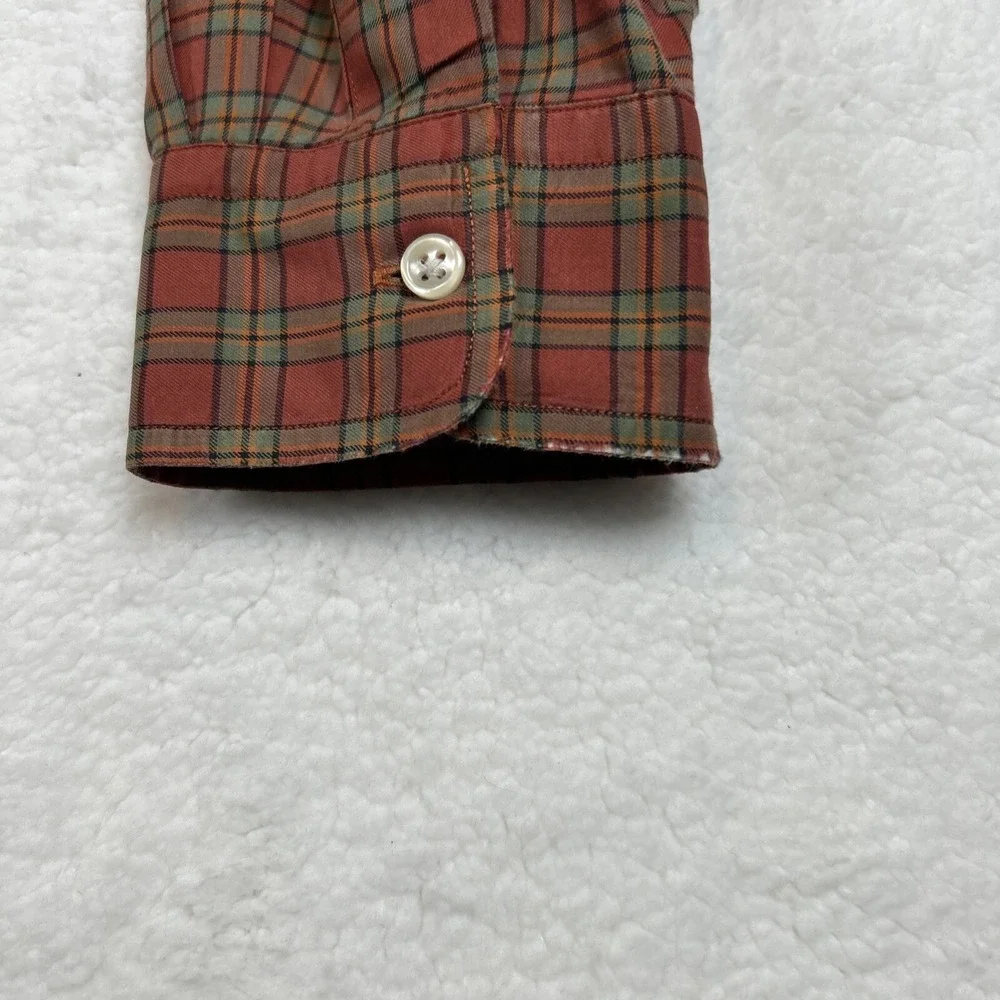 Ralph Lauren Shirt Mens L Orange Green Plaid Check Cotton Oxford OCBD‎ Button Up